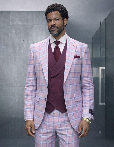 Statement Men's Wool Windowpane Suit Peak Lapel Tailored Fit Mauve Diego