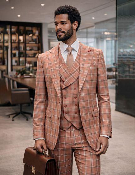 Statement Men's Wool Windowpane Suit with Vest Salmon 3 Piece Modern Fit Sergio - 34 Short or Extra Small