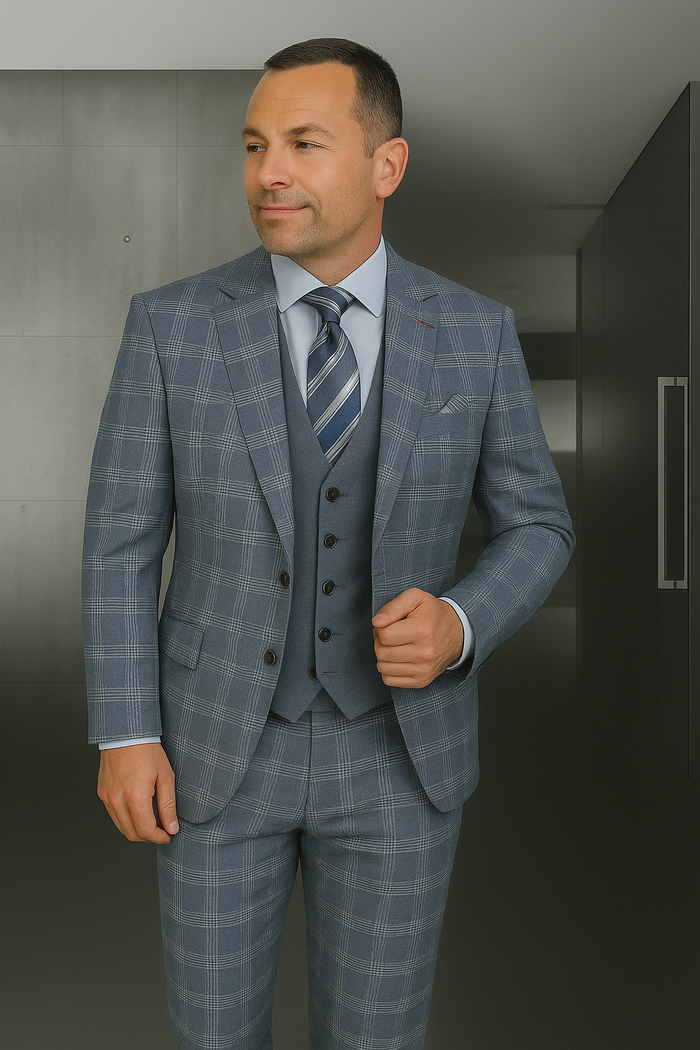 Modern Fit - Wool Suit - Italian Made Business Suit by Statement Men's 3 Piece 100% Wool Modern Fit Suit - Coordinating Solid Color Vest