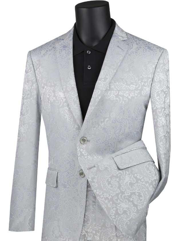Mens Paisley Pattern Suit in Silver Slim Fit Formal 2-Piece Set