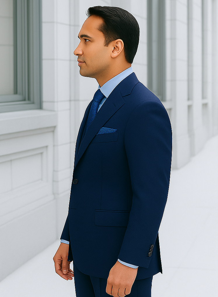 Steve Harvey Suit - Peak Lapel Modern Fit - No Pleated Pants Designer Brand Navy 3 Piece Vested Chest Pocket Suit - Coat Size 38