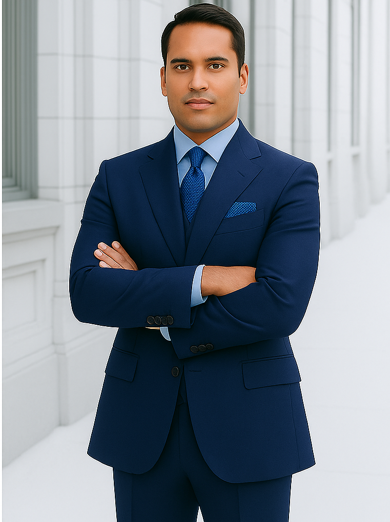 Steve Harvey Suit - Peak Lapel Modern Fit - No Pleated Pants Designer Brand Navy 3 Piece Vested Chest Pocket Suit - Coat Size 38