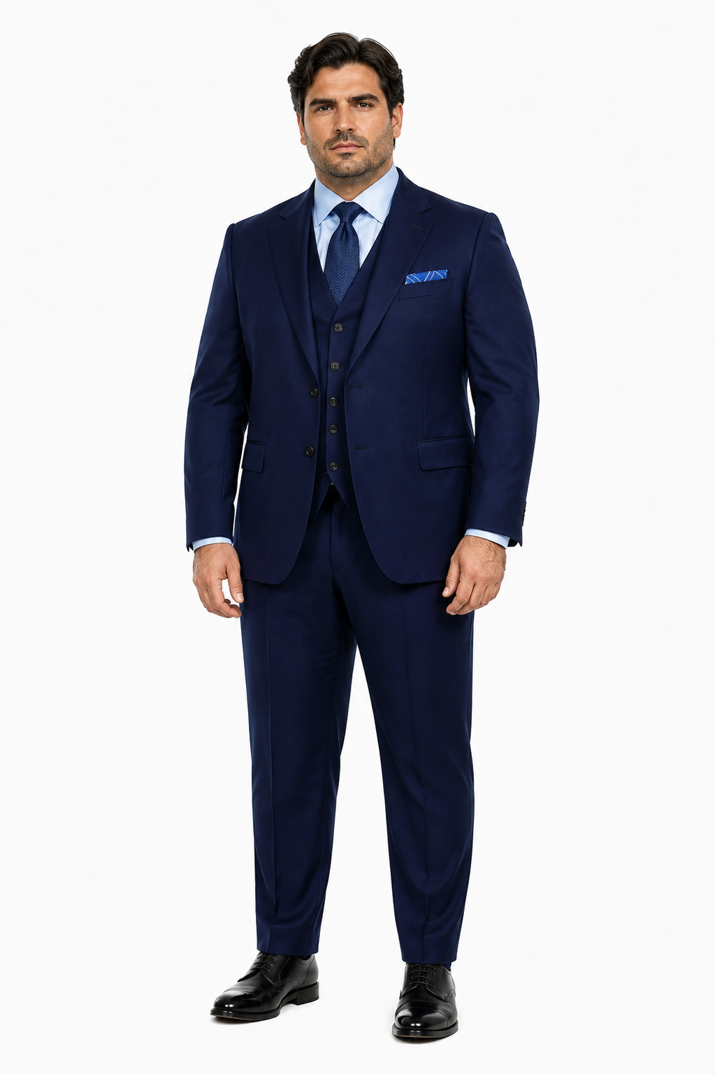 Steve Harvey Suit - Peak Lapel Modern Fit - No Pleated Pants Designer Brand Navy 3 Piece Vested Chest Pocket Suit