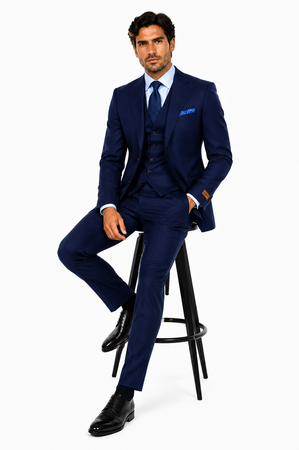 Steve Harvey Suit - Peak Lapel Modern Fit - No Pleated Pants Designer Brand Navy 3 Piece Vested Chest Pocket Suit