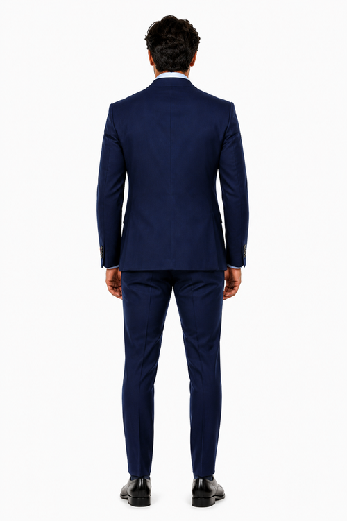 Steve Harvey Suit - Peak Lapel Modern Fit - No Pleated Pants Designer Brand Navy 3 Piece Vested Chest Pocket Suit