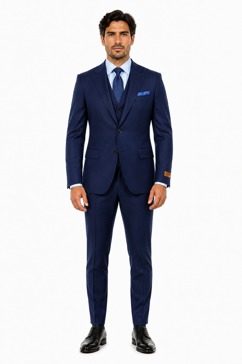 Steve Harvey Suit - Peak Lapel Modern Fit - No Pleated Pants Designer Brand Navy 3 Piece Vested Chest Pocket Suit