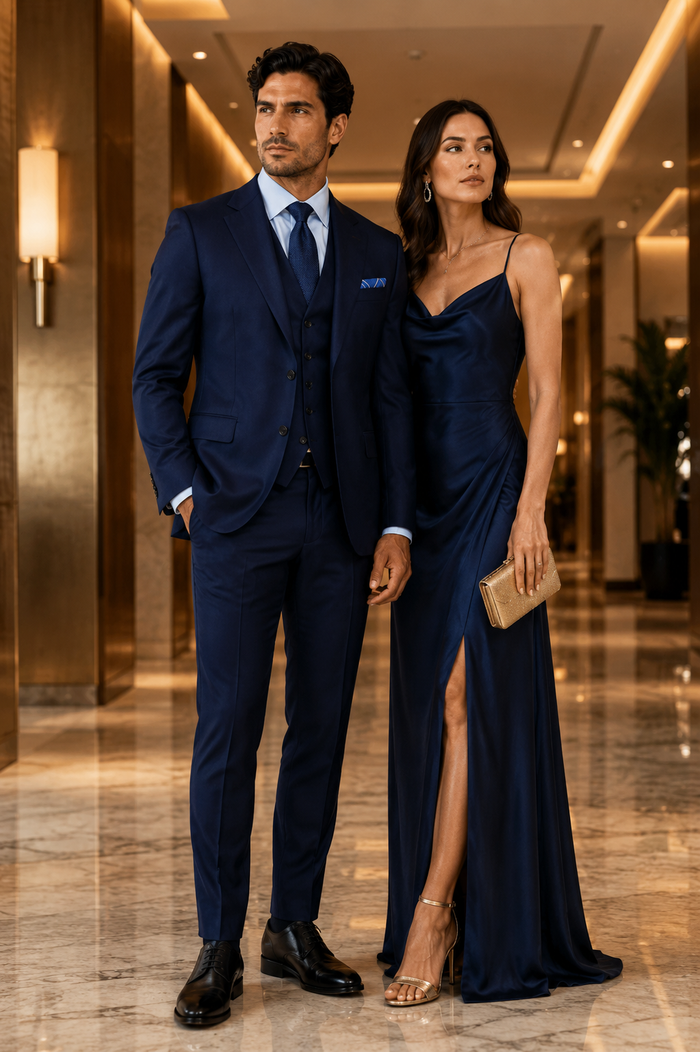 Steve Harvey Suit - Peak Lapel Modern Fit - No Pleated Pants Designer Brand Navy 3 Piece Vested Chest Pocket Suit