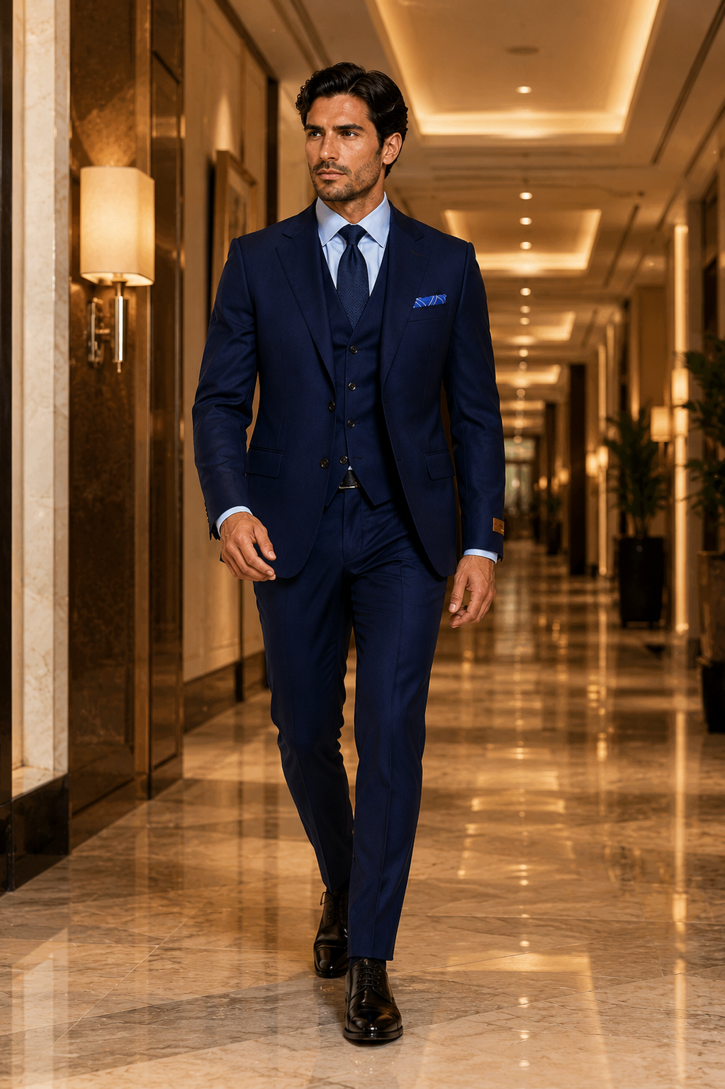 Steve Harvey Suit - Peak Lapel Modern Fit - No Pleated Pants Designer Brand Navy 3 Piece Vested Chest Pocket Suit