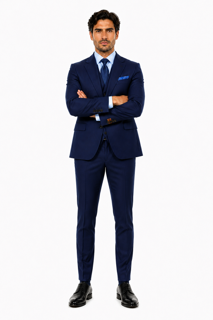 Steve Harvey Suit - Peak Lapel Modern Fit - No Pleated Pants Designer Brand Navy 3 Piece Vested Chest Pocket Suit