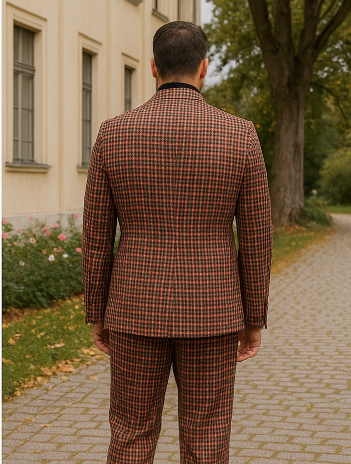 Steve Harvey Suits - Gray and Burnt Rust Checkered Suit - Plaid Textured Pattern Suit Modern Fit - New Arrival