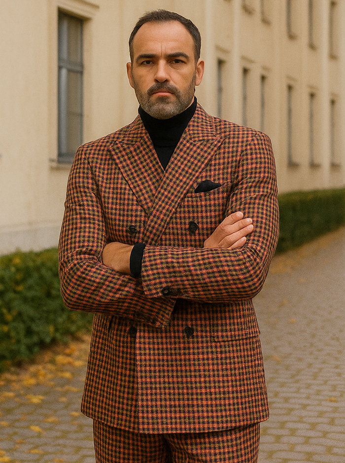 Steve Harvey Suits - Gray and Burnt Rust Checkered Suit - Plaid Textured Pattern Suit Modern Fit - New Arrival