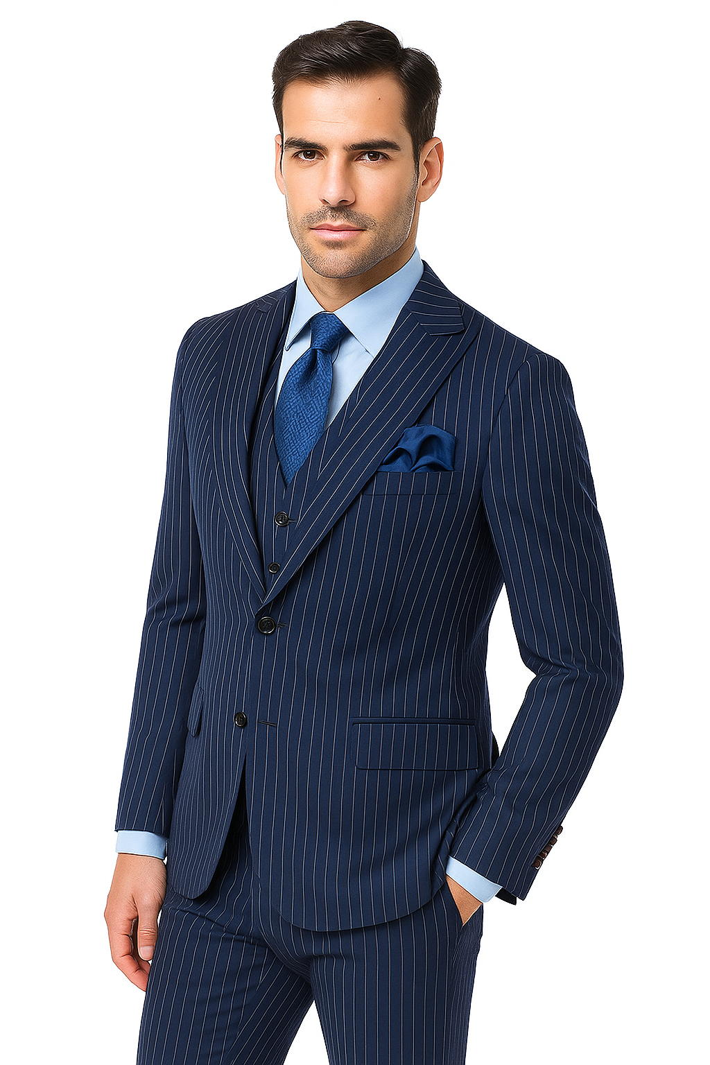 Steve Harvey Suits - Navy Suit - Designer Brand Suit No Pleated Pants Modern Fit - New Arrival - 36 Regular Jacket+30 Waist Adjustable 26to32)Height: 5'7"-6')(Neck: 14.5-16:S)