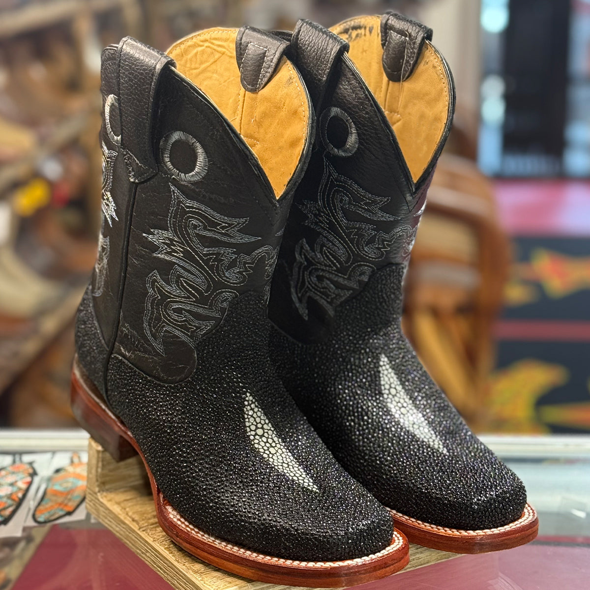 Stingray Print Square Toe Cowboy Boots - Black