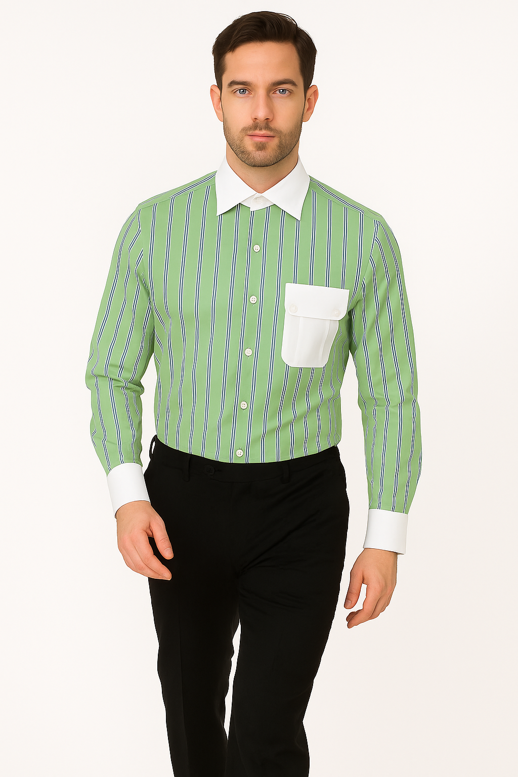 Striped Pattern Matching White Collar & Cuffs Green Cotton Men's Dress Gingham Shirt - Checker Pattern - French Cuff - White Collared + Free Bowtie - New Arrival - Small