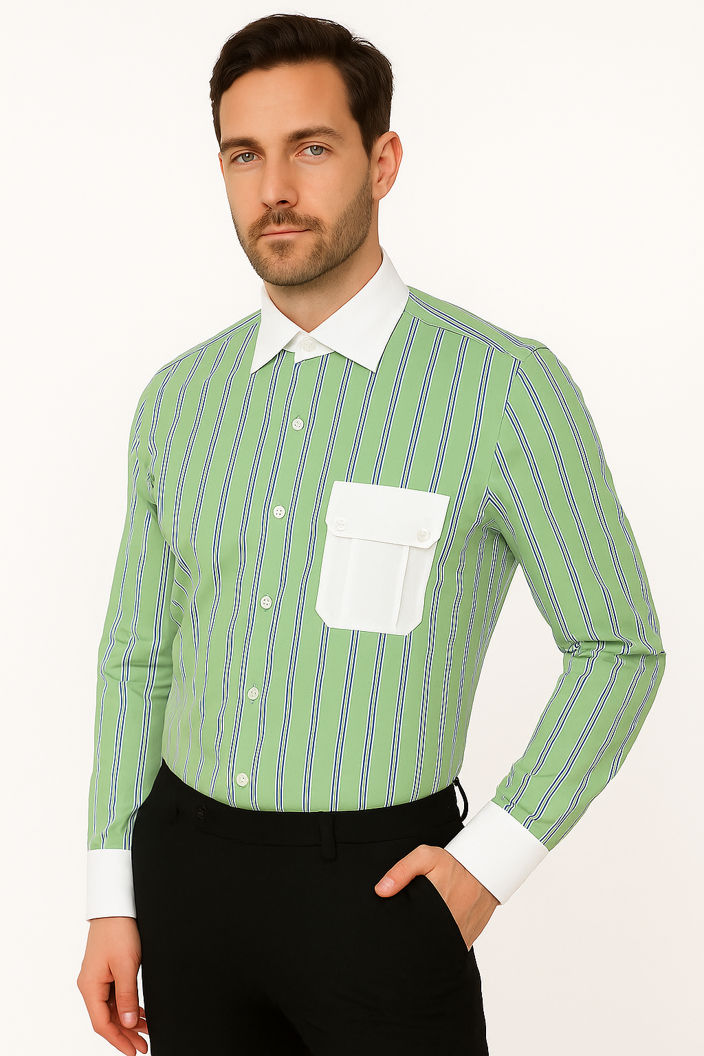 Striped Pattern Matching White Collar & Cuffs Green Cotton Men's Dress Gingham Shirt - Checker Pattern - French Cuff - White Collared + Free Bowtie - New Arrival - Small