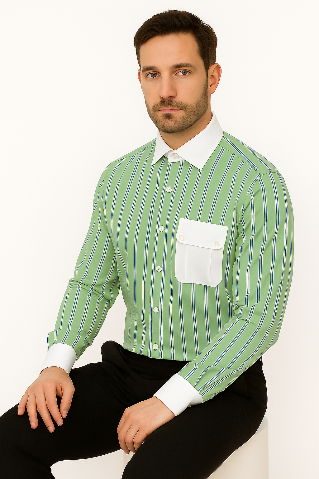 Striped Pattern Matching White Collar & Cuffs Green Cotton Men's Dress Gingham Shirt - Checker Pattern - French Cuff - White Collared + Free Bowtie - New Arrival - Small