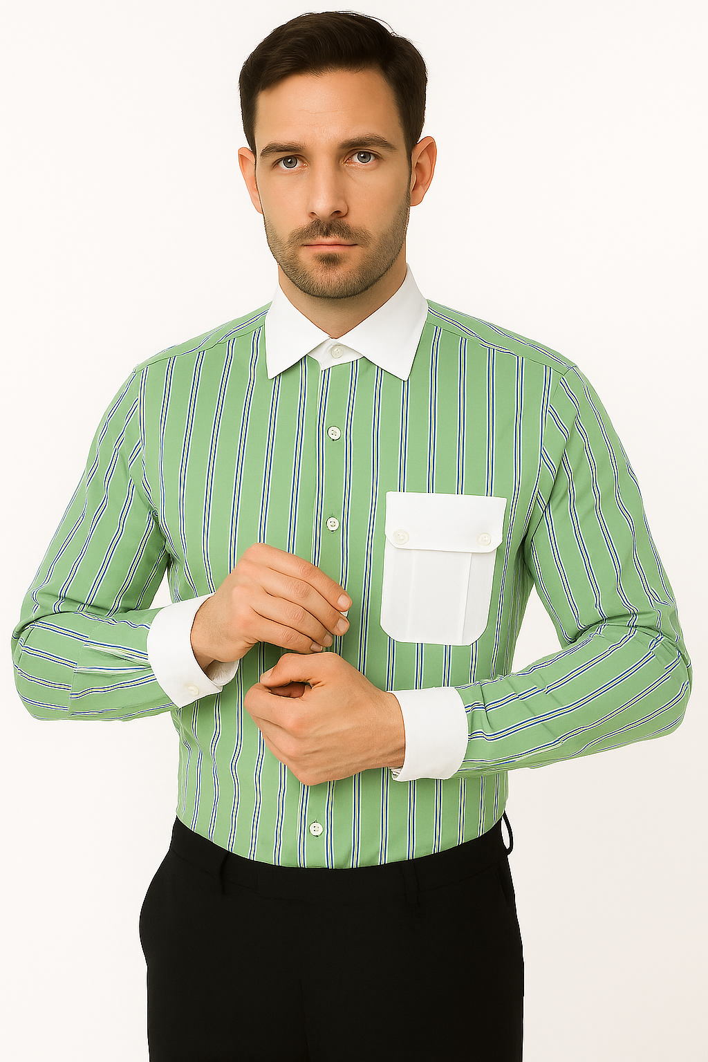 Striped Pattern Matching White Collar & Cuffs Green Cotton Men's Dress Gingham Shirt - Checker Pattern - French Cuff - White Collared + Free Bowtie - New Arrival - Small