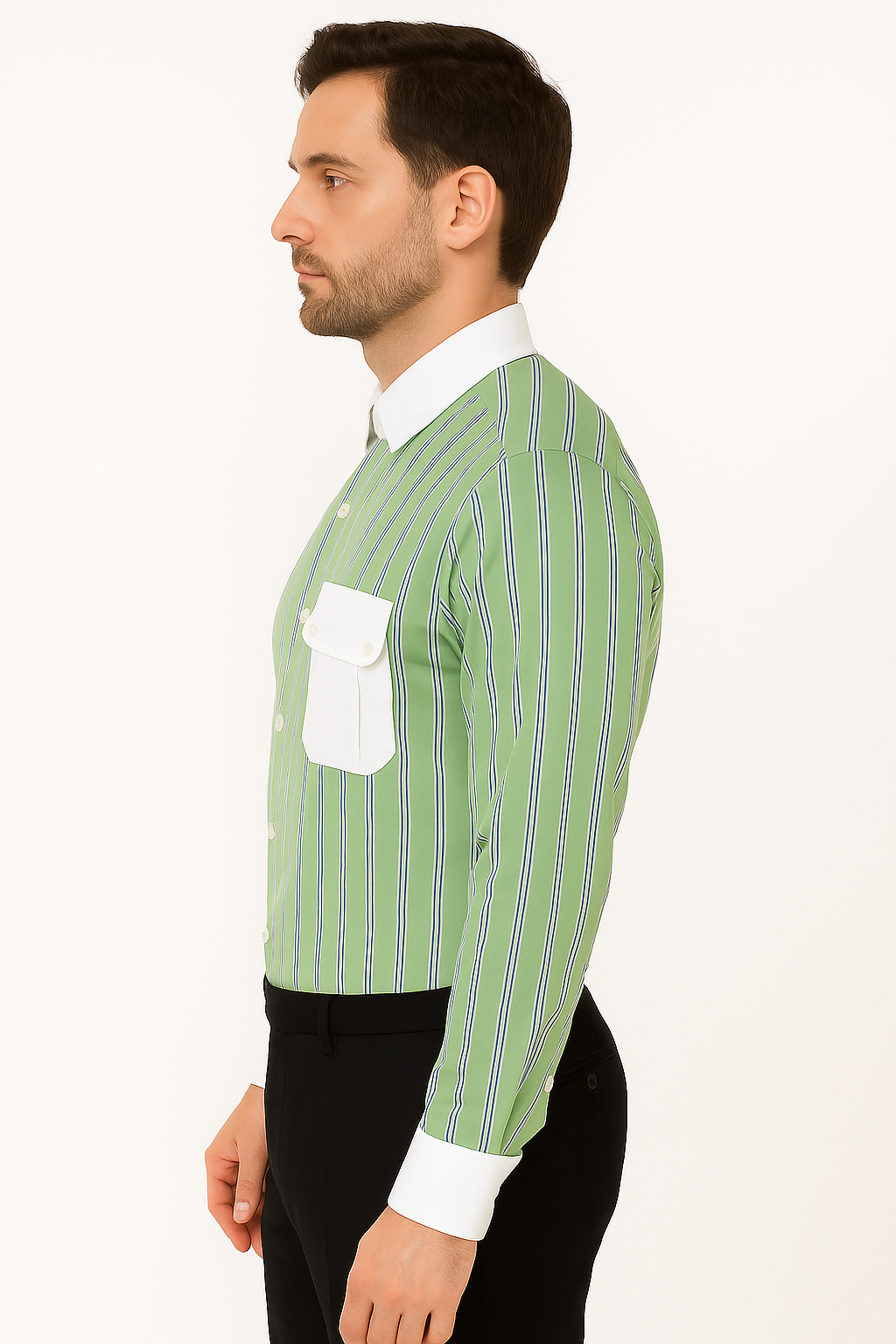 Striped Pattern Matching White Collar & Cuffs Green Cotton Men's Dress Gingham Shirt - Checker Pattern - French Cuff - White Collared + Free Bowtie - New Arrival - Small