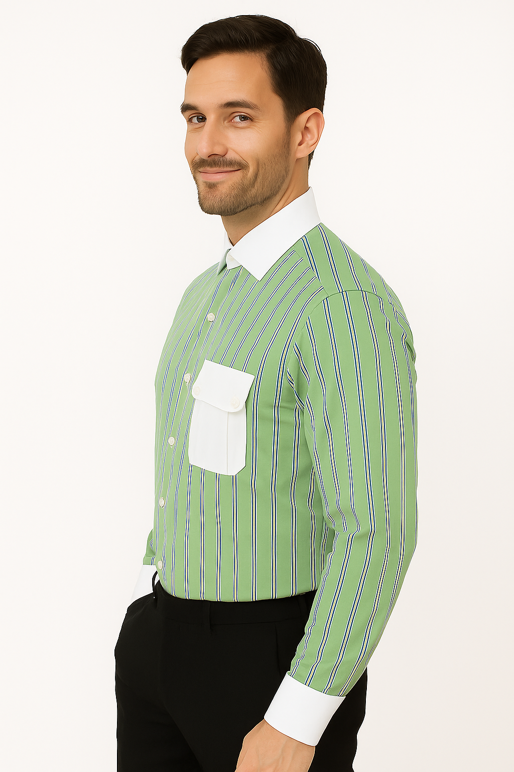 Striped Pattern Matching White Collar & Cuffs Green Cotton Men's Dress Gingham Shirt - Checker Pattern - French Cuff - White Collared + Free Bowtie - New Arrival - Small