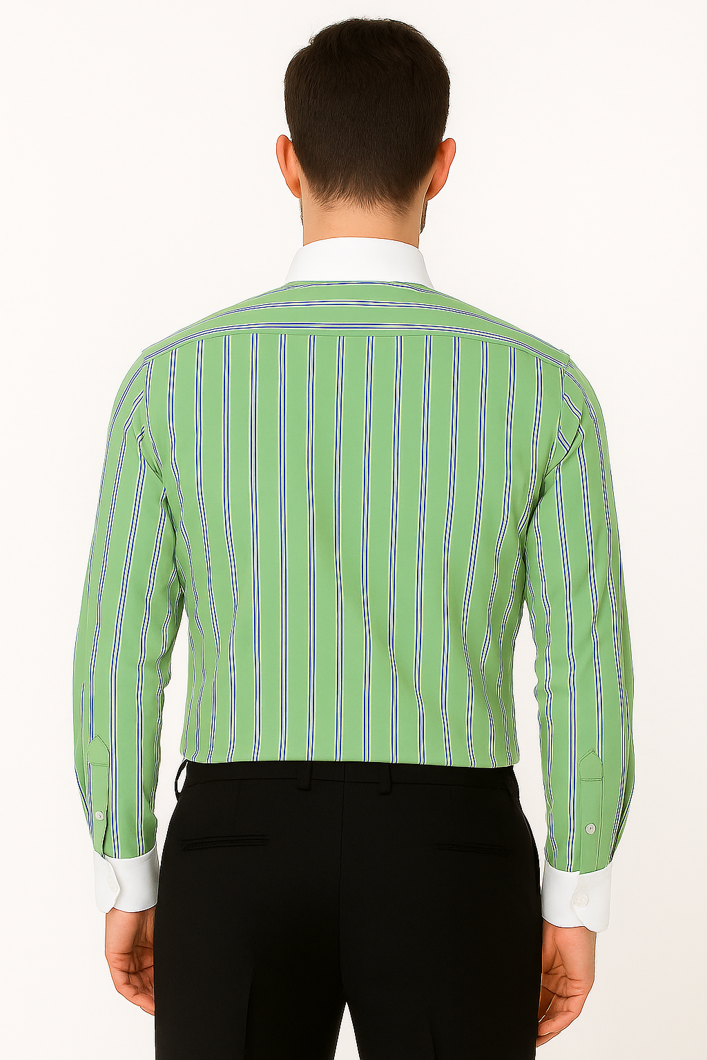 Striped Pattern Matching White Collar & Cuffs Green Cotton Men's Dress Gingham Shirt - Checker Pattern - French Cuff - White Collared + Free Bowtie - New Arrival - Small