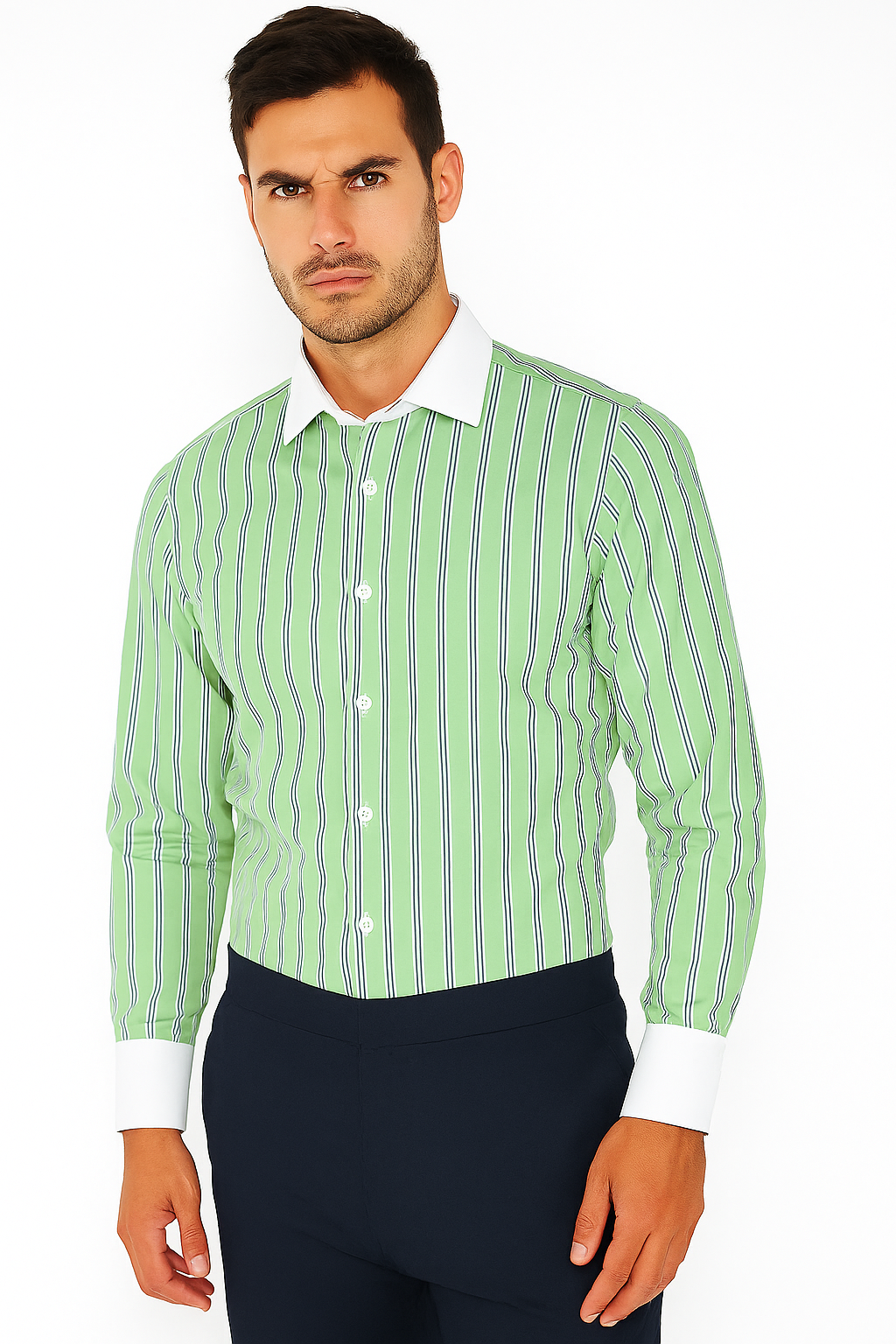 Striped Pattern Matching White Collar & Cuffs Green Cotton Men's Dress Gingham Shirt - Checker Pattern - French Cuff - White Collared + Free Bowtie - New Arrival - Small