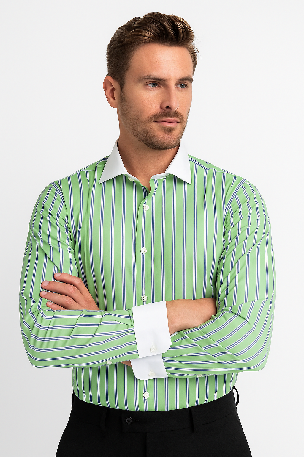 Striped Pattern Matching White Collar & Cuffs Green Cotton Men's Dress Gingham Shirt - Checker Pattern - French Cuff - White Collared + Free Bowtie - New Arrival - Small