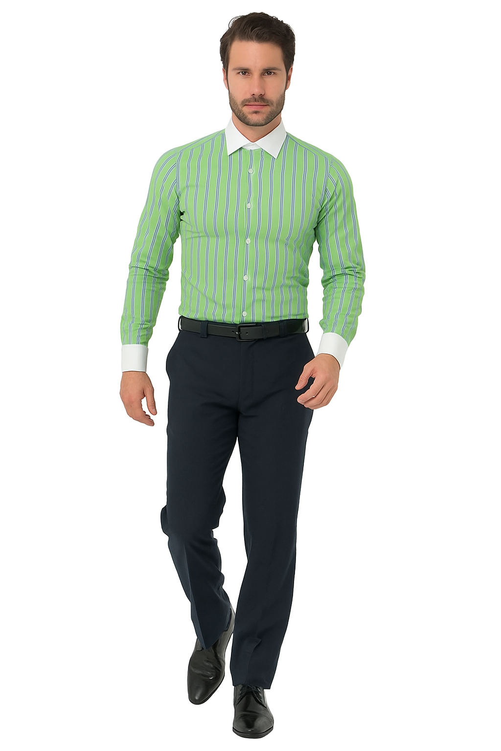 Striped Pattern Matching White Collar & Cuffs Green Cotton Men's Dress Gingham Shirt - Checker Pattern - French Cuff - White Collared + Free Bowtie - New Arrival - Small