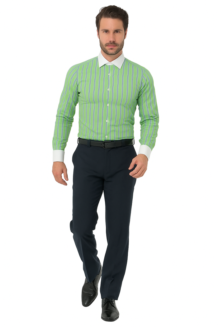 Striped Pattern Matching White Collar & Cuffs Green Cotton Men's Dress Gingham Shirt - Checker Pattern - French Cuff - White Collared + Free Bowtie - New Arrival