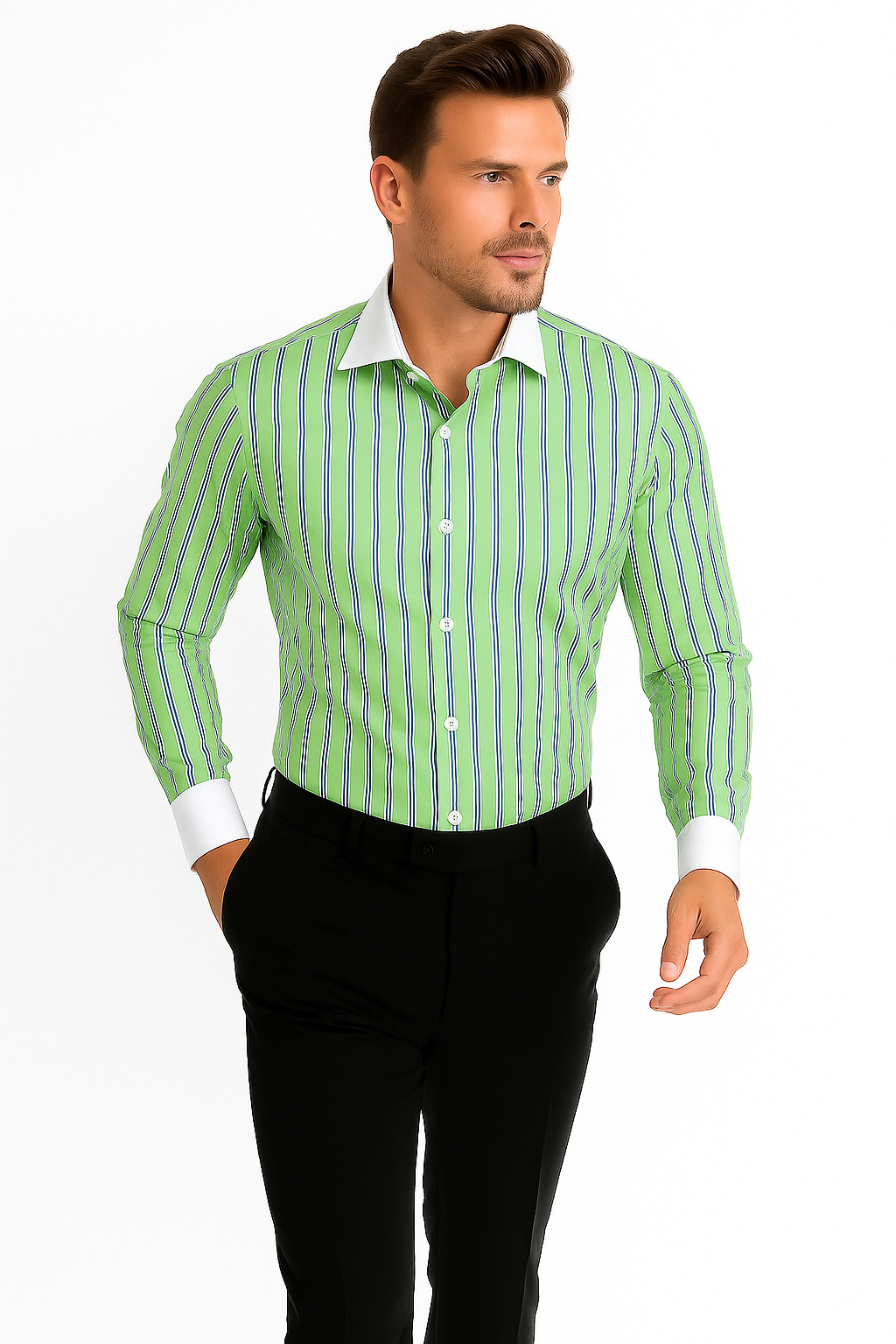 Striped Pattern Matching White Collar & Cuffs Green Cotton Men's Dress Gingham Shirt - Checker Pattern - French Cuff - White Collared + Free Bowtie - New Arrival - Small