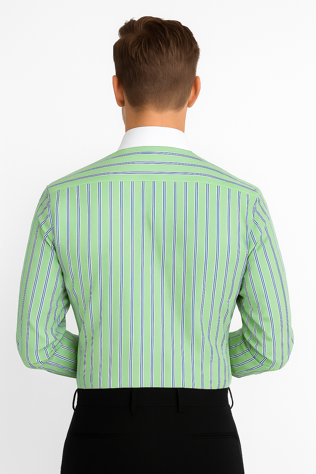 Striped Pattern Matching White Collar & Cuffs Green Cotton Men's Dress Gingham Shirt - Checker Pattern - French Cuff - White Collared + Free Bowtie - New Arrival - Small