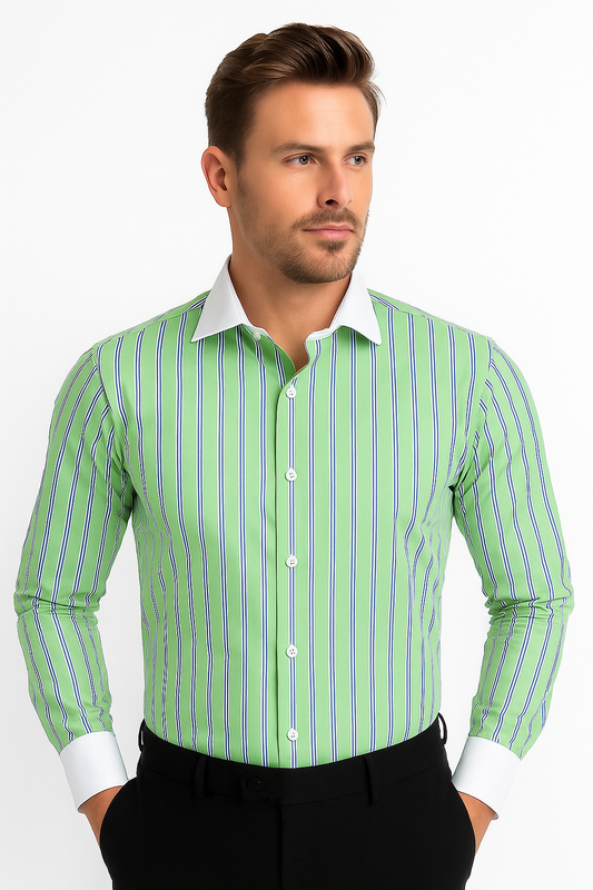 Striped Pattern Matching White Collar & Cuffs Green Cotton Men's Dress Gingham Shirt - Checker Pattern - French Cuff - White Collared + Free Bowtie - New Arrival