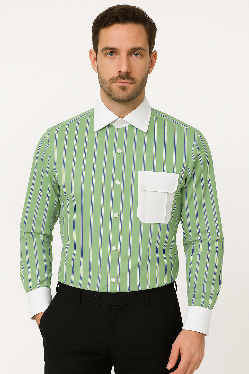 Striped Pattern Matching White Collar & Cuffs Green Cotton Men's Dress Gingham Shirt - Checker Pattern - French Cuff - White Collared + Free Bowtie - New Arrival - Small