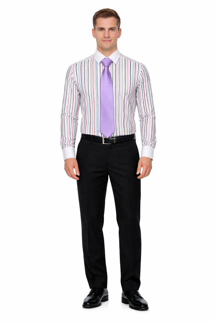 Striped Solid Tie And Slim Collar Style White Collar Two Toned Contrast Multi-Color Men's Dress Shirt-New Designer Collection