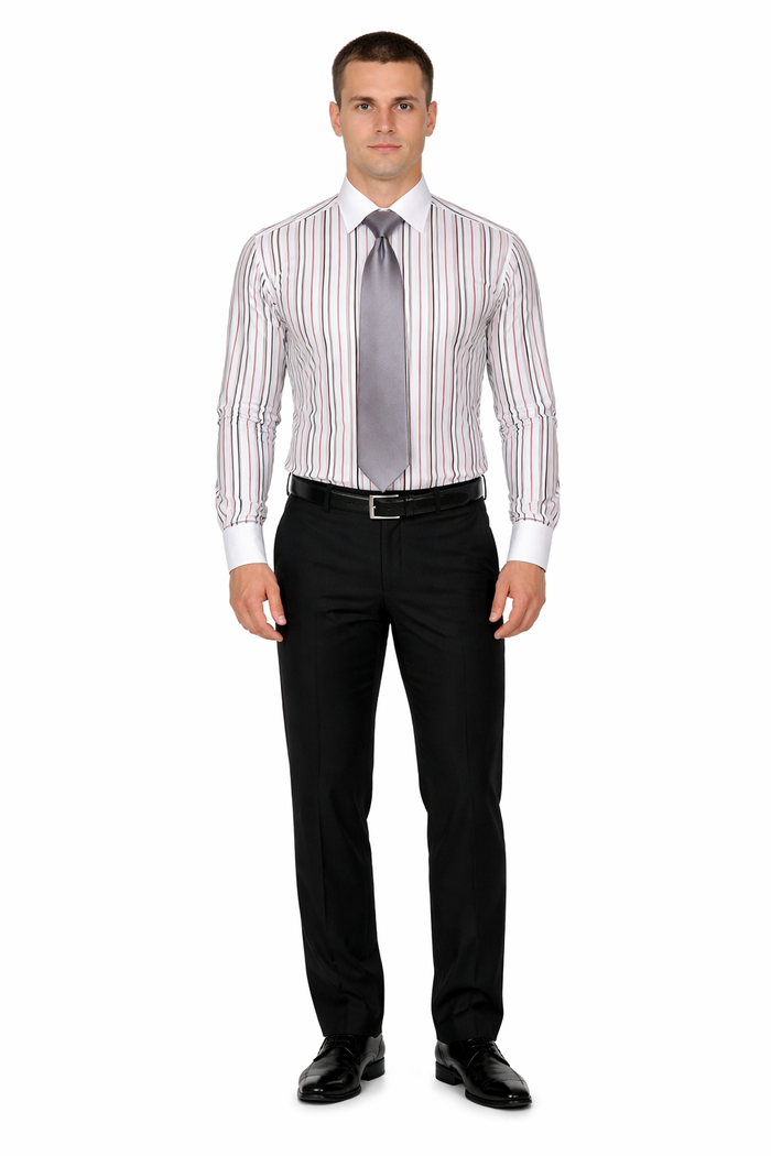 Striped Solid Tie And Slim Collar Style White Collar Two Toned Contrast Multi-Color Men's Dress Shirt-New Designer Collection