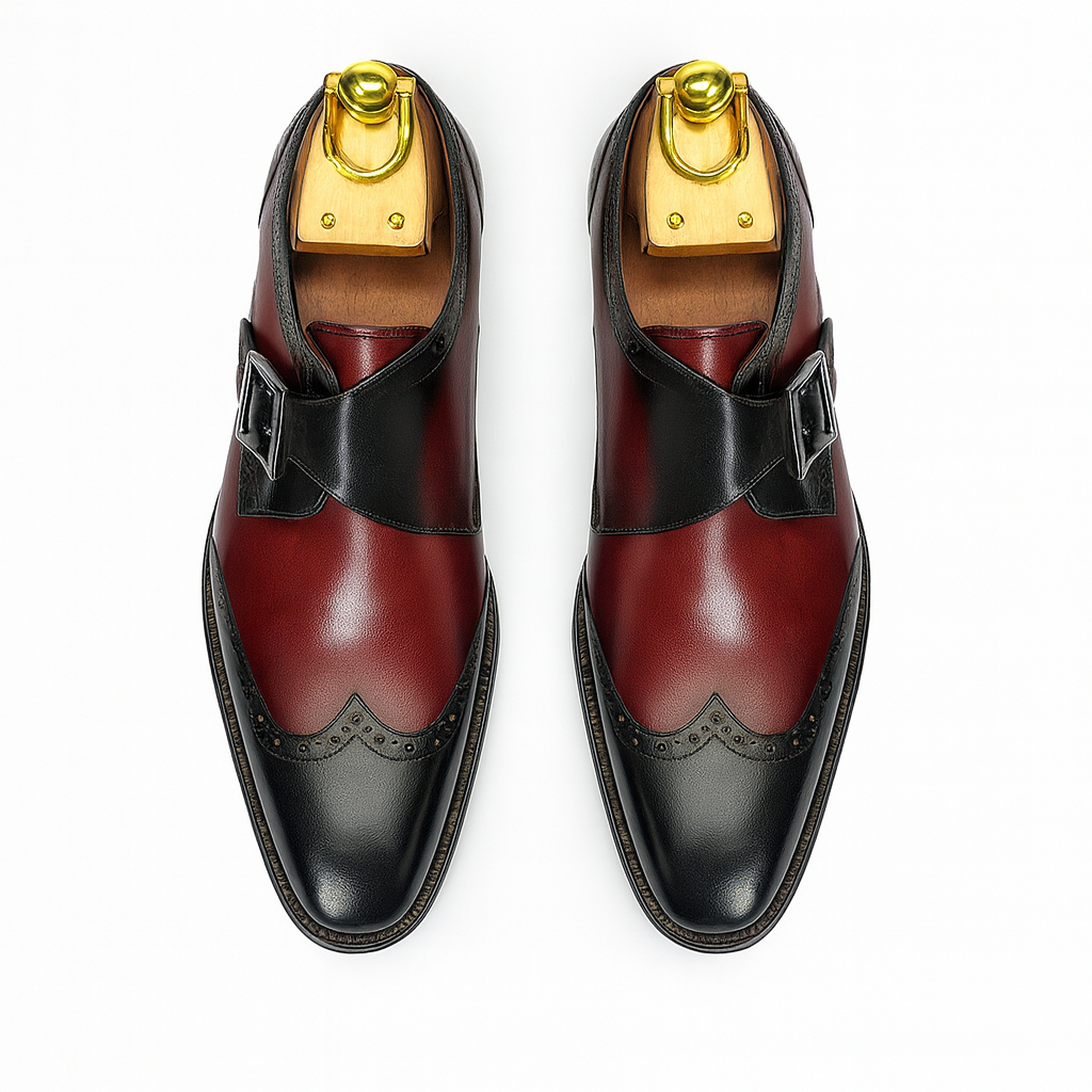 Mens Leather Wingtip Monk Strap Dress Shoe in Brown & Navy - 7.5