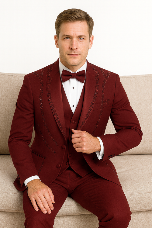 Mens Burgundy Italian Wool 3-Piece Modern Formal Tuxedo