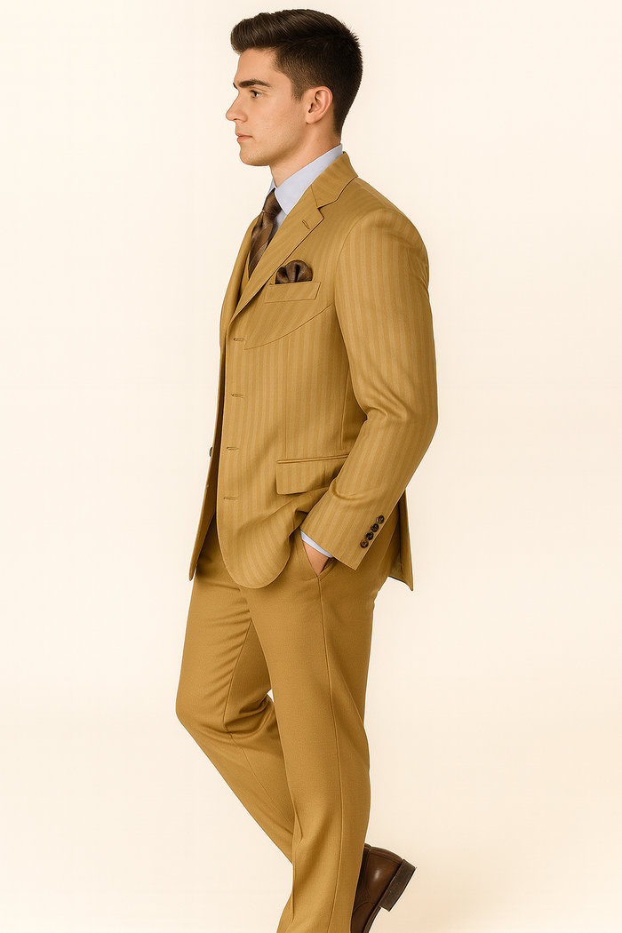 Cheap Priced Suit - Mens 4 Button Semi Wide Leg Shiny Tonal Stripe Fashion Gold Suit