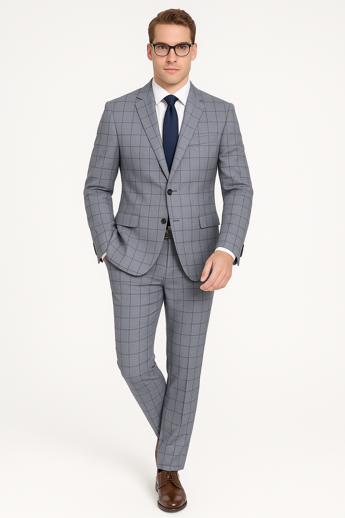Gray Groomsmen Suits Mens Slim Fit Window Pane Suit Grey