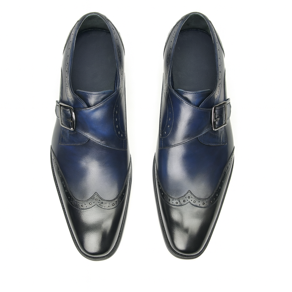 Mens Leather Wingtip Monk Strap Dress Shoe in Brown & Navy - 7.5