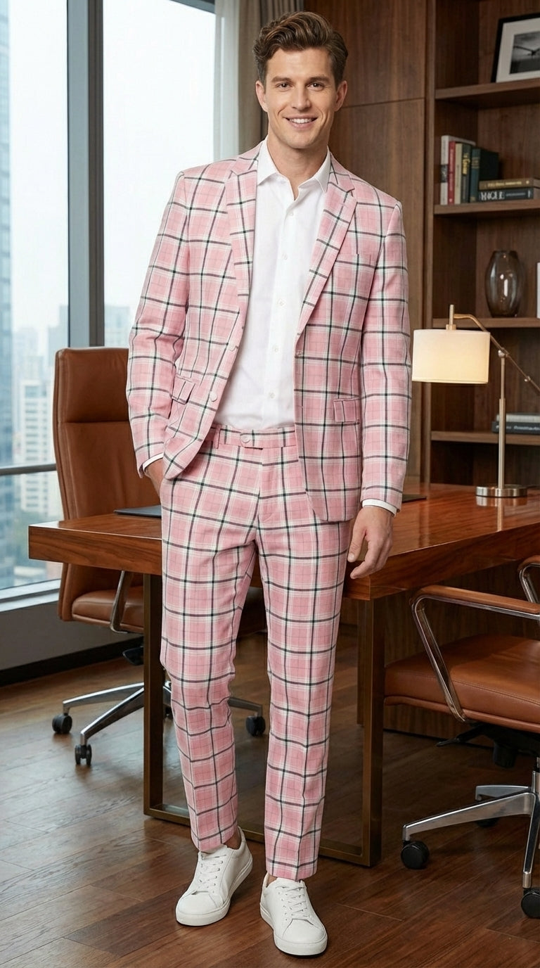 Mens Pink and Black Plaid Designer Suit Set – Stylish Suit with Check Pattern Jacket and Windownpane Summer Color - 34 Short or Extra Small