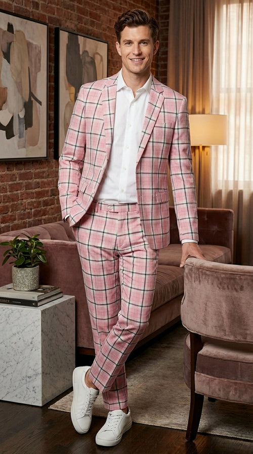 Mens Pink and Black Plaid Designer Suit Set – Stylish Suit with Check Pattern Jacket and Windownpane Summer Color