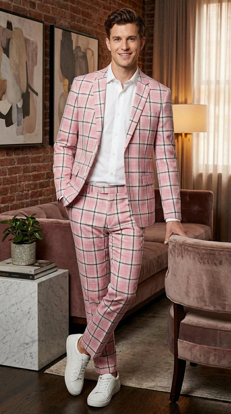 Mens Pink and Black Plaid Designer Suit Set – Stylish Suit with Check Pattern Jacket and Windownpane Summer Color - 34 Short or Extra Small
