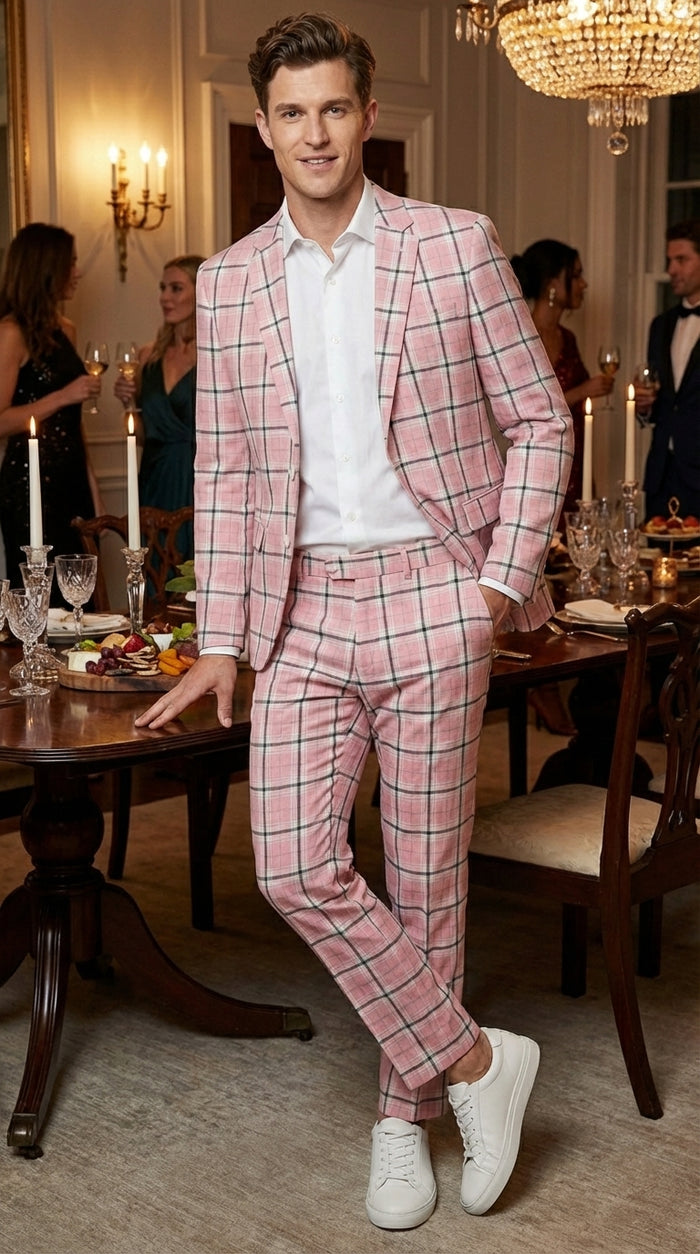Mens Pink and Black Plaid Designer Suit Set – Stylish Suit with Check Pattern Jacket and Windownpane Summer Color