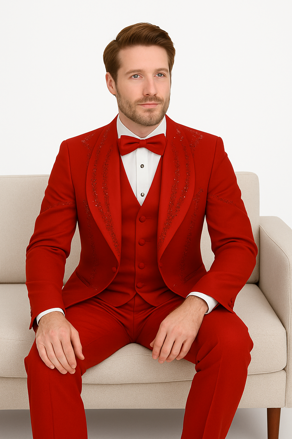 Italian Red Wool 3-Piece Modern Fit Tuxedo - 34 Short or Extra Small