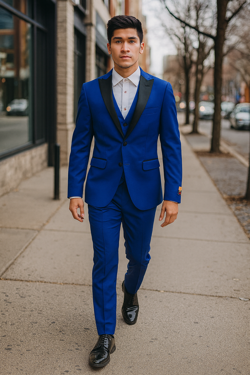 Mens Royal Blue Prom Tuxedo - Mens 2 Button Peak Lapel Vested Prom Tuxedo in Royal Blue