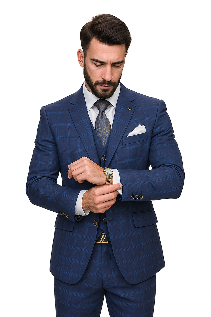 Windowpane Texture Business Pattern Modern Fit Side Vented Men's 3-Piece Wool Suit - Modern Fit Plaid