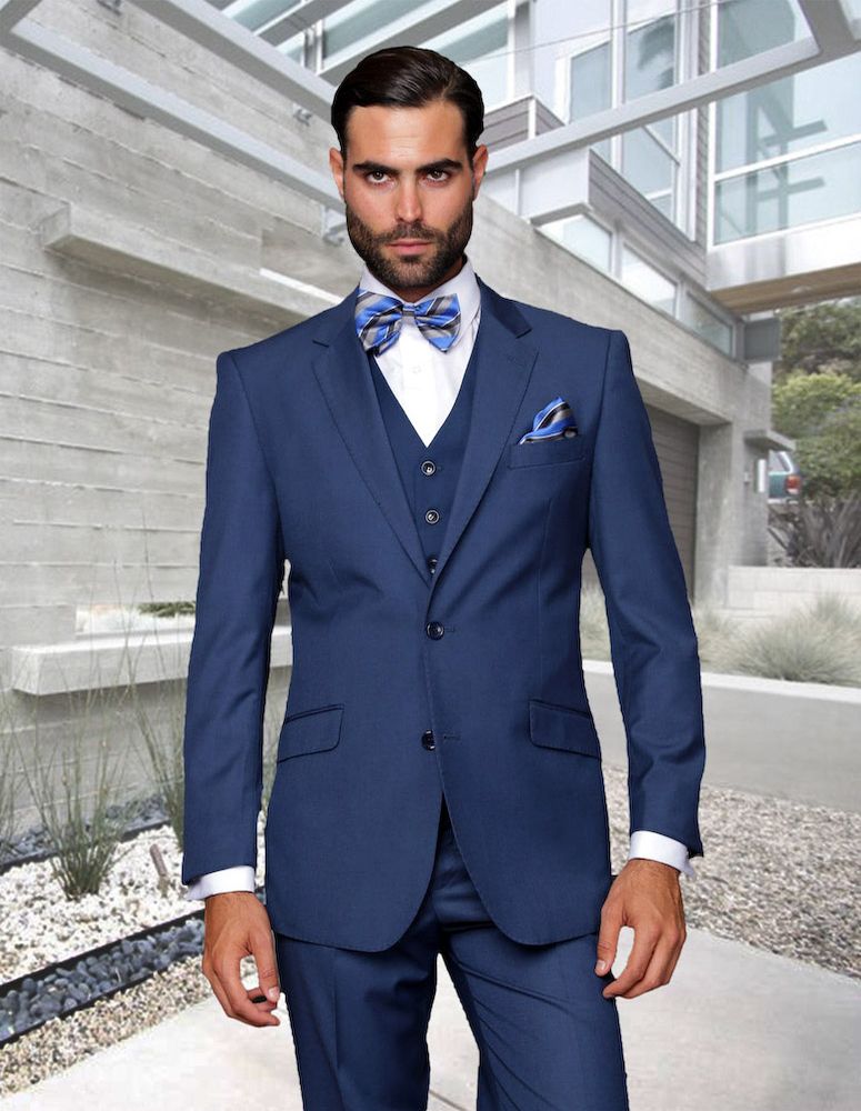 Menswear High Fashion 100% Wool 3 Piece Suit by Statement - 38 Short Jacket+32 Waist Adjustable 28to34)(Height: 5 4 to5 7 )(Neck  15-16.5)S-M)