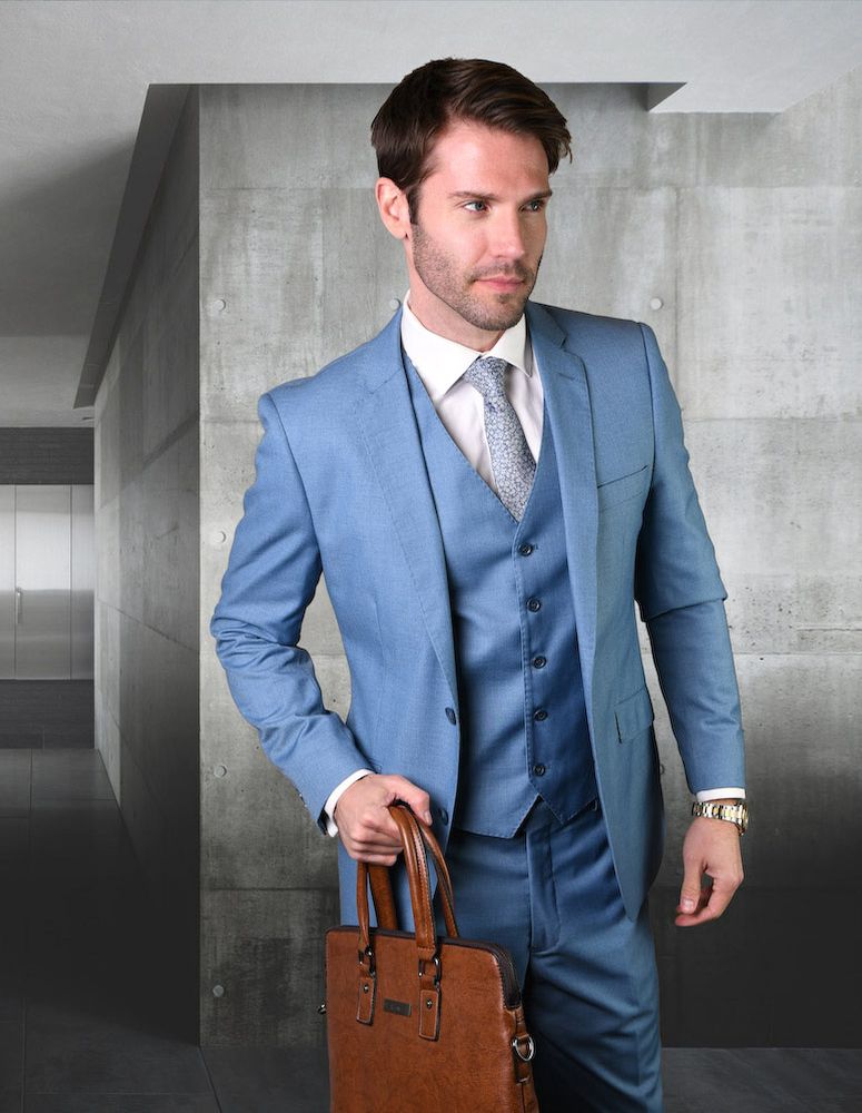 Menswear High Fashion 100% Wool 3 Piece Suit by Statement - 38 Short Jacket+32 Waist Adjustable 28to34)(Height: 5 4 to5 7 )(Neck  15-16.5)S-M)