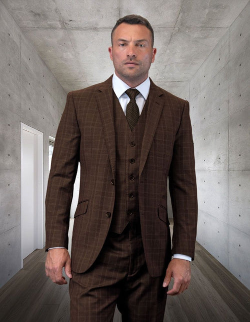 Men's Plaid Wool 3 Piece Suit | 100% Wool | Windowpane Texture Business Pattern Modern Fit Side Vented Design