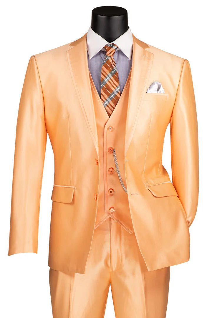 Men’s Orange Sharkskin Tuxedo Suit – Slim Fit 3-Piece Wedding & Prom Style - 38 Short Jacket+32 Waist Adjustable 28to34)(Height: 5 4 to5 7 )(Neck  15-16.5)S-M)